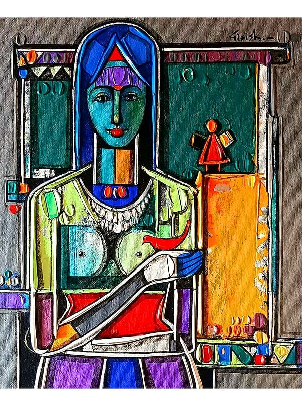 Lady with Bird | Painting by Girish Adannavar