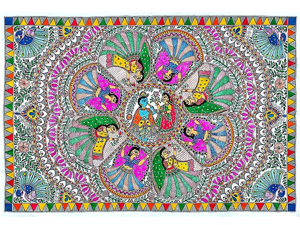 Krishna Raas - Madhubani Painting | Acrylic On Handmade Sheet | By Urwashi Nirala