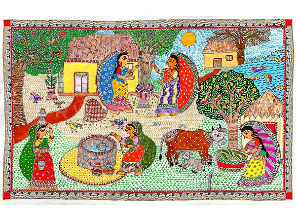 Grahmin - View Of Village Life | Acrylic On Handmade Sheet | By Urwashi Nirala