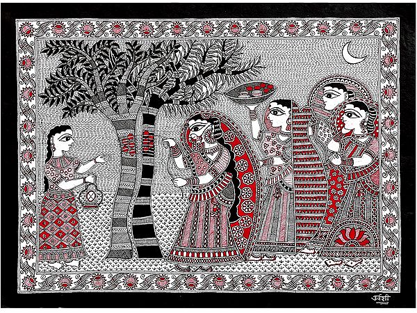Aam Mahua Vivaah - A Traditional Ritual Painting | Acrylic On Handmade Sheet | By Urwashi Nirala
