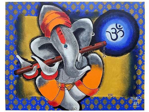 Lord Ganesha Playing Flute In Painting | Acrylic On Canvas | By Tejal Modi