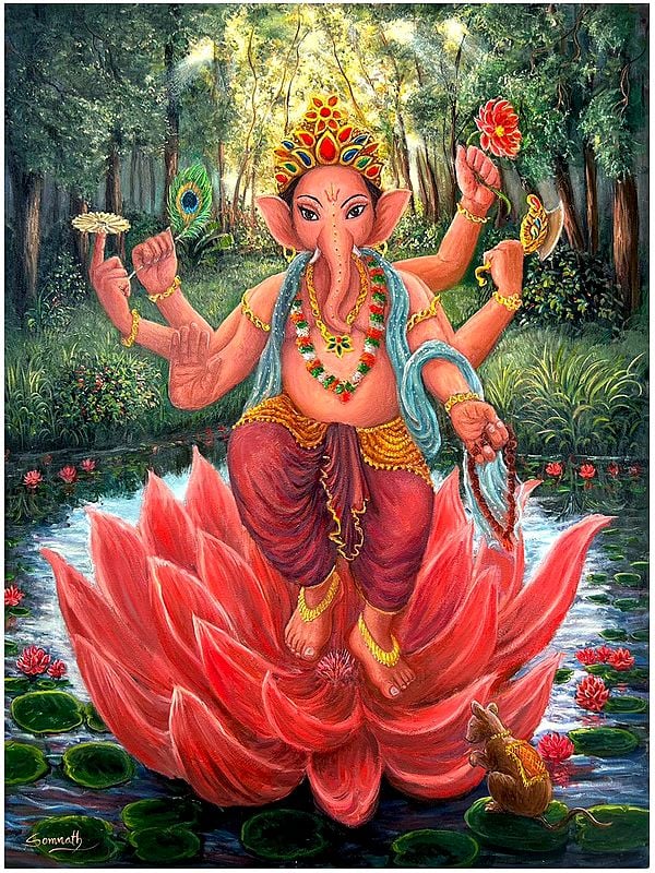 Six Armed Lord Ganesha on Lotus | Oil Painting by Somnath Harne