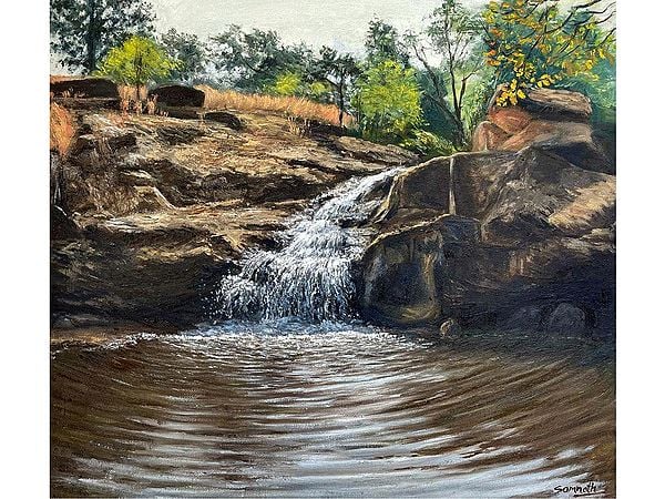 Waterfall Landscape View | Oil Painting by Somnath Harne
