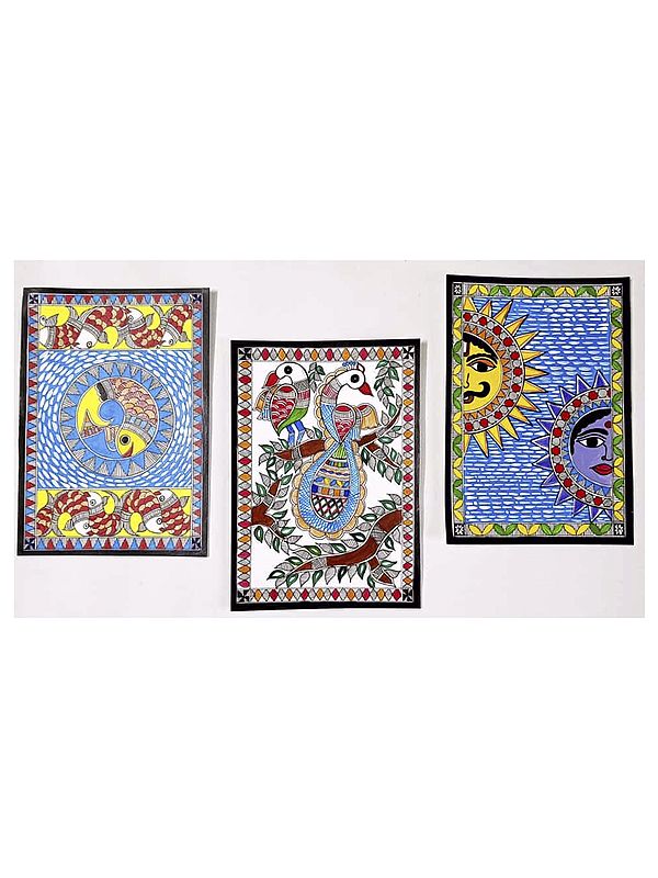 Beautiful Madhubani Paintings - Set of 3 | Acrylic on Brustro Paper | By Muskan