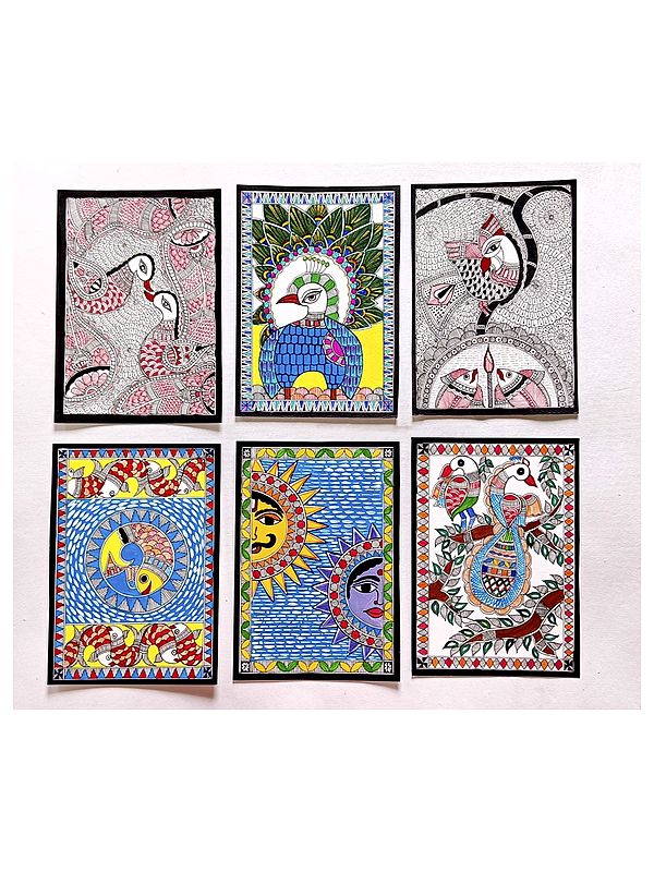 Set of 6 Painting in Madhubani Style | Acrylic on Handmade Paper | By Muskan