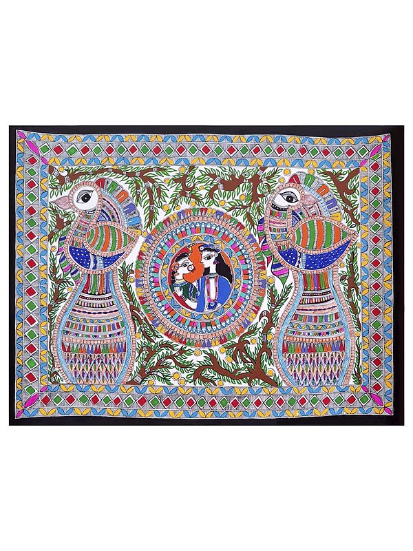 Radha and Krishna with Beautiful Peacock | Acrylic on Handmade Paper | By Muskan