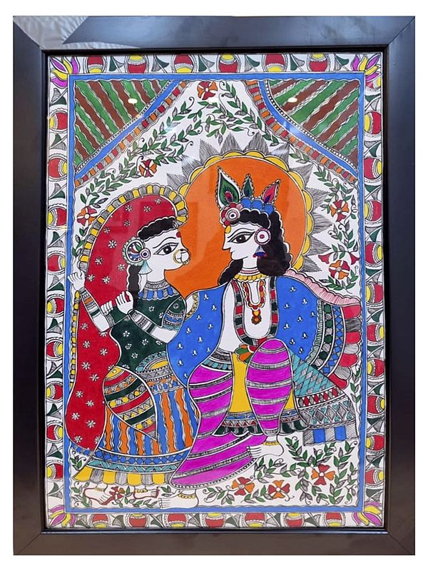 Radha and Krishna Sitting Together | Acrylic on Handmade Paper | By Muskan | With Frame