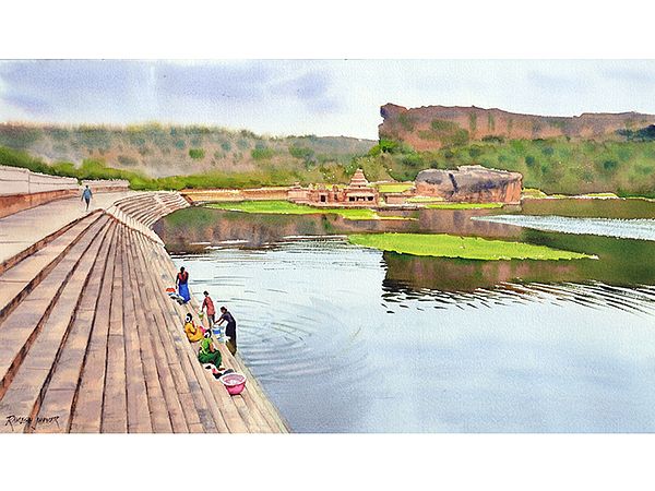 Serenity At Badami Lake | Watercolor On Paper | By Ramesh Jhawar