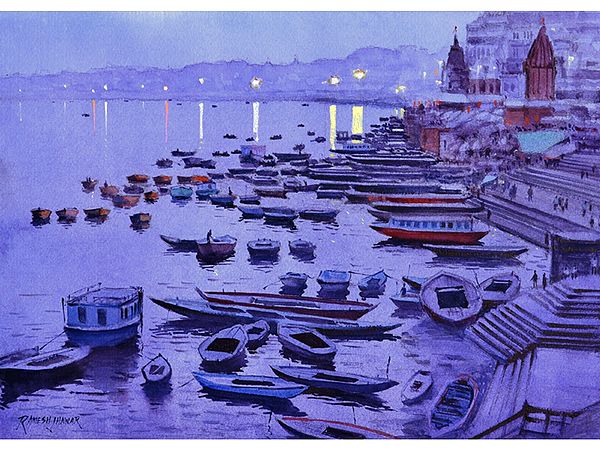 The Ghats At Dusk | Watercolor On Paper | By Ramesh Jhawar