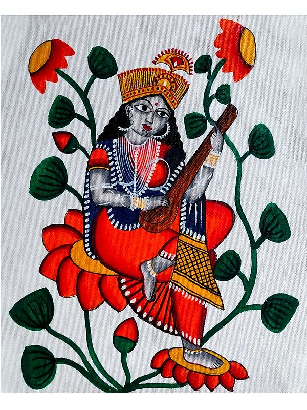 Saraswati Kalighat Pattachitra Painting | Acrylic on Canvas | By Rojalee Panda