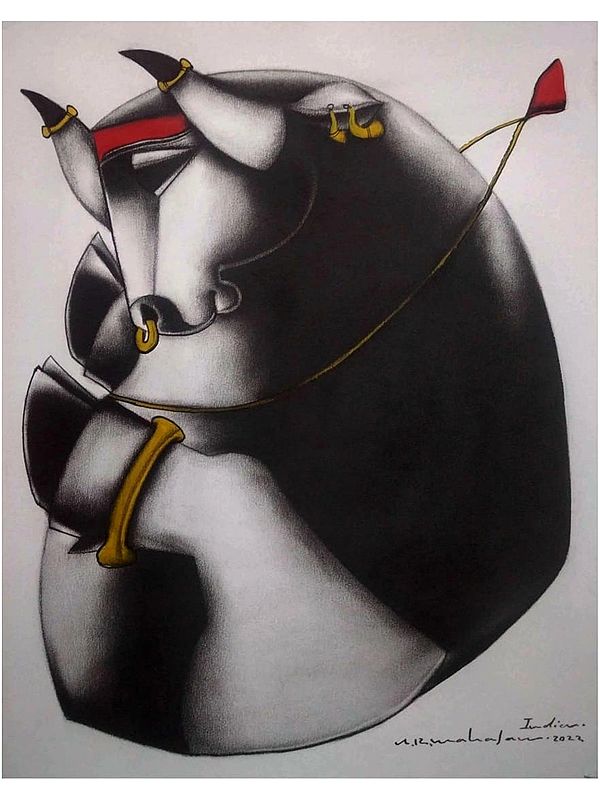 A Calm Bull - Beautiful painting | Charcoal On Paper | By Arvind Mahajan