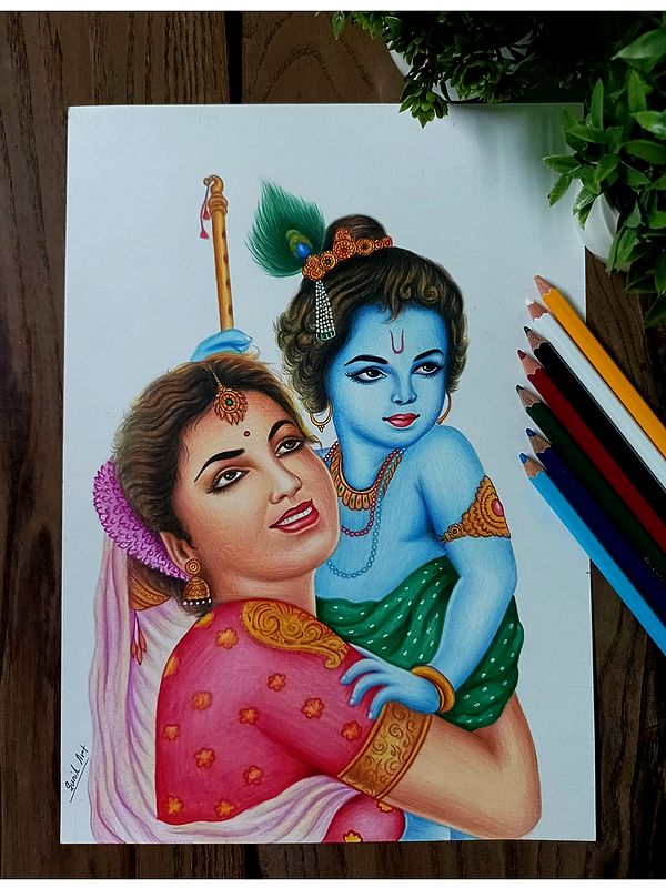 Bal Krishna with Yashoda Maiya | Color Pencil Art by Sunil Kumar