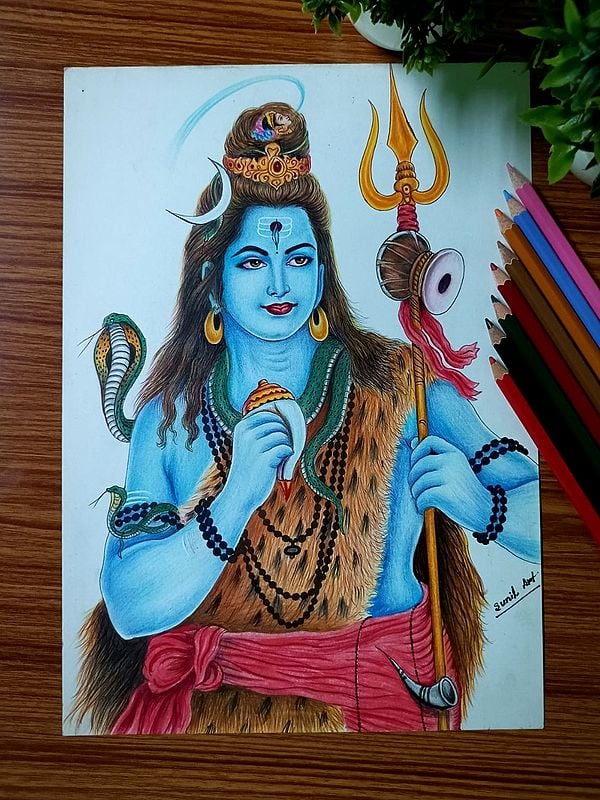 Lord Shiva with Trident | Color Pencil Art by Sunil Kumar
