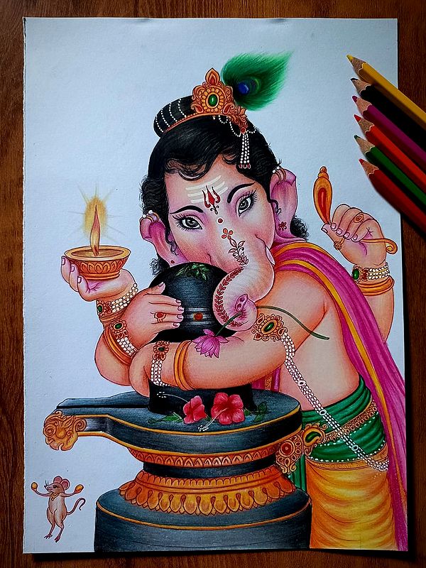 Ganesha with Shivling | Color Pencil Art by Sunil Kumar