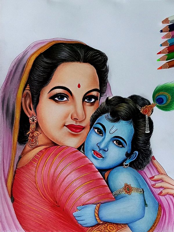 Kanhaji in The Lap of Yashoda Maiya | Color Pencil Art by Sunil Kumar
