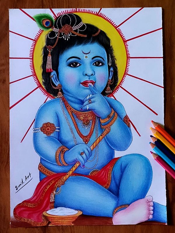 Painting of Little Krishna Eating Butter | Color Pencil Art by Sunil Kumar