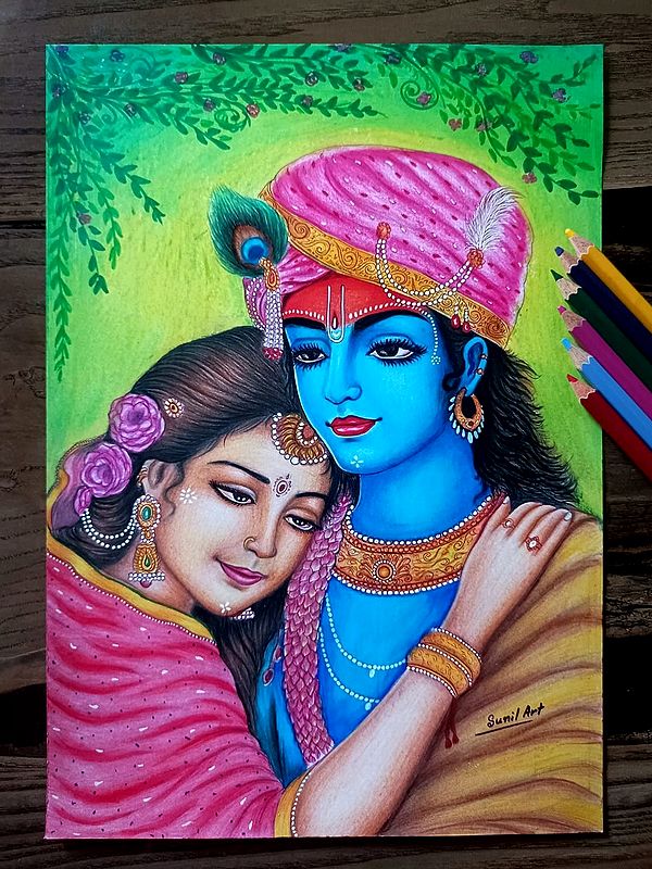 Radha and Krishna in A Deep Thought | Color Pencil Art by Sunil Kumar