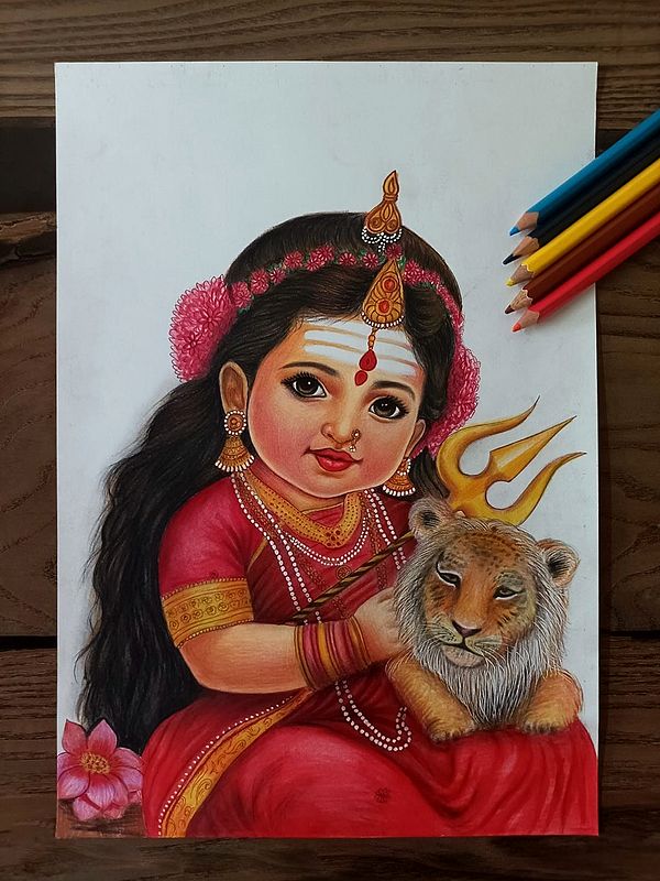 Goddess Durga Color Pencil Painting by Sunil Kumar