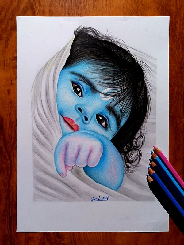 Little Krishna Painting | Color Pencil Art by Sunil Kumar