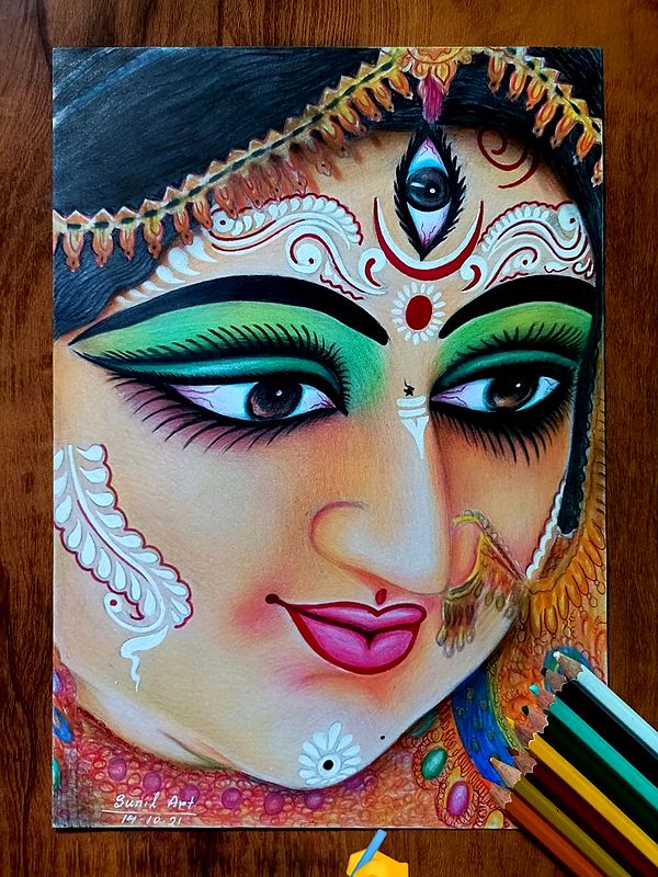 Goddess Durga Painting | Color Pencil Art by Sunil Kumar