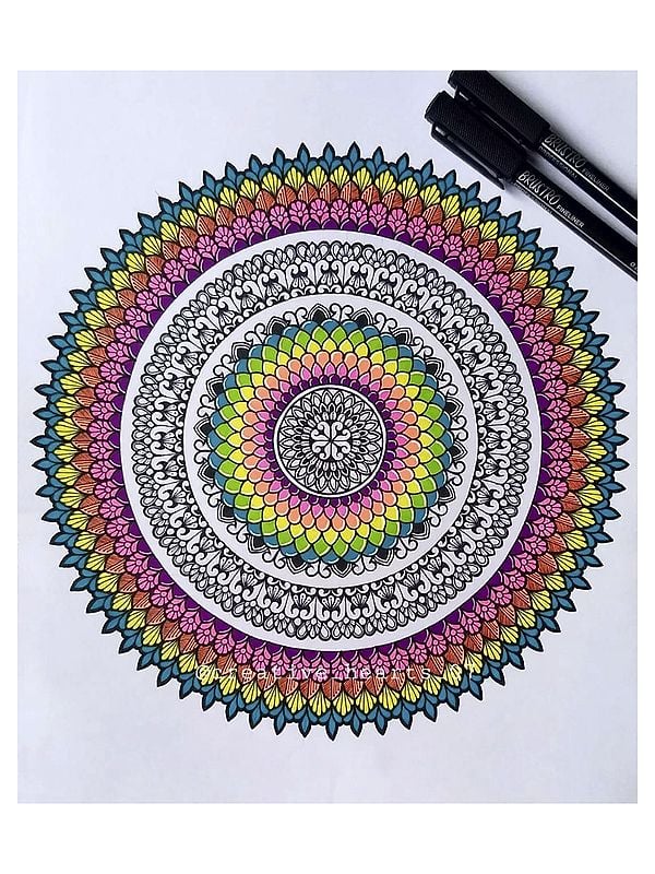 Colorful Mandala Painting | Fineliner and Gouache Color on Paper | By Manisha