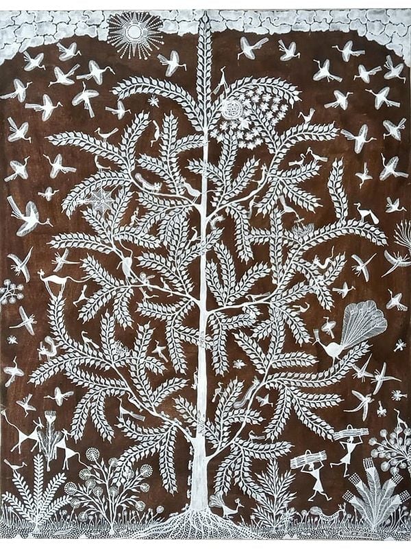 Nature’s Life - Warli Art by Pravin Mhase | Cow Dung and Acrylic on Manjarpat Cloth