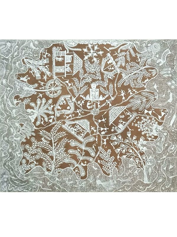 Unpaved Village Way - Warli Painting | Cow Dung and Acrylic on Manjarpat Cloth | By Pravin Mhase