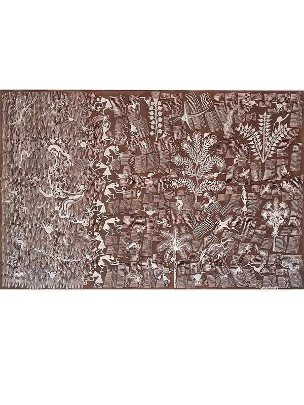 Harvesting Crops - Warli Painting | Cow Dung And Acrylic On Manjarpat Cloth | By Pravin Mhase