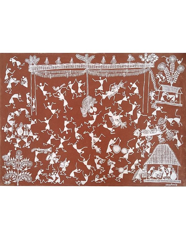 The Rural Celebration - Warli Art by Pravin Mhase | Terracotta, Cow Dung and White Acrylic