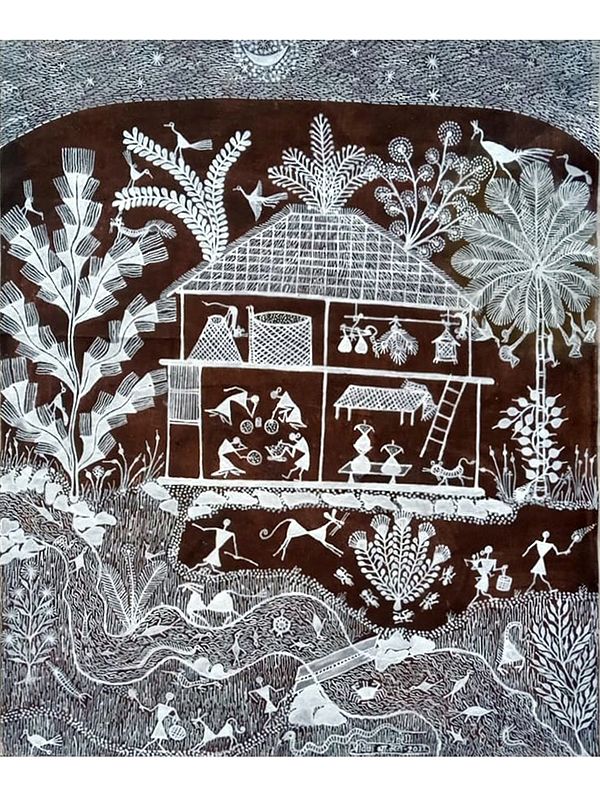 House On River Side In Village - Warli Art | Cow Dung And Acrylic On Manjarpat Cloth | By Pravin Mhase