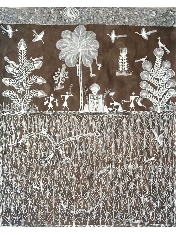 Worship Of Nature - After Harvesting Crops - Warli Art | Cow Dung On Manjarpat Cloth | By Pravin Mhase
