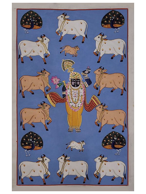 Shrinathji with Kamdhenu Cow and Peacock | Natural Color on Cloth | By Jagriti Bhardwaj