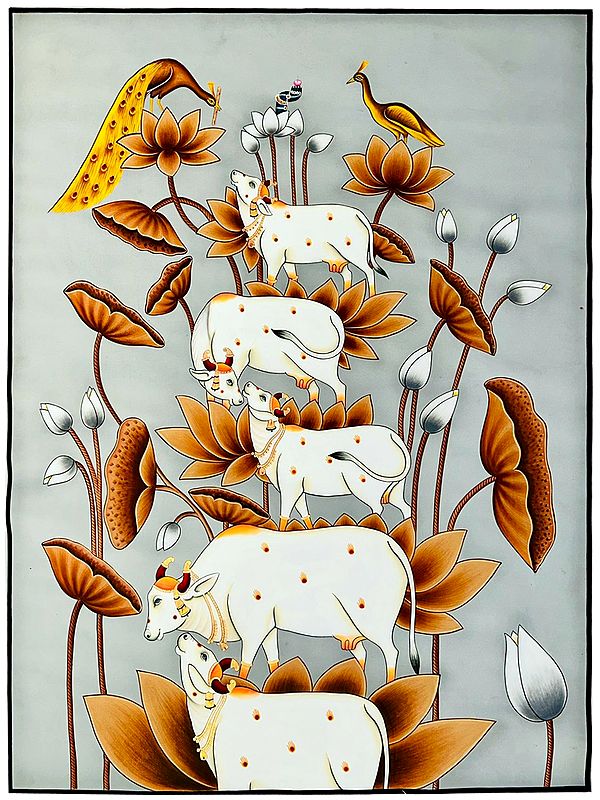 Beautiful Cows And Peacock | Natural Color On Cloth | By Dheeraj Munot