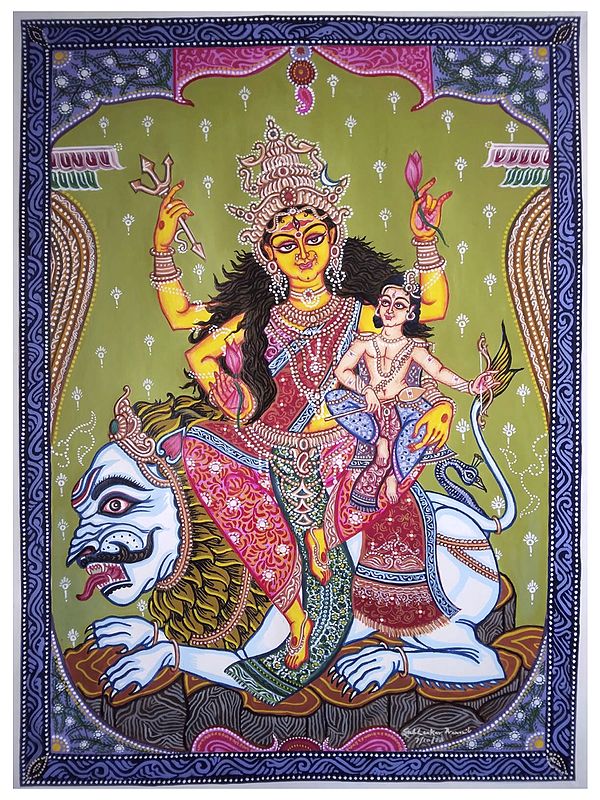 Kumara-Janani Skandamata - Goddess Navdurga | Mixed Media On Moderately Hot Pressed Paper | Subhankar Pramanik