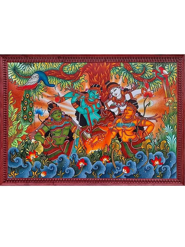 Madhuvan: Krishna with Gopis | Kerala Mural Painting by Vishnu Shreedhar