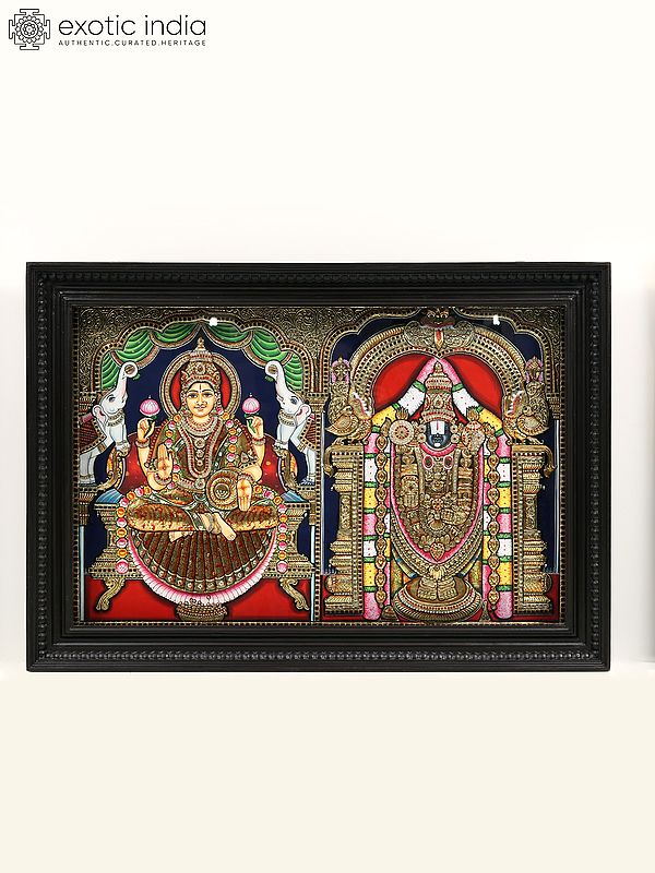 Lord Tirupati Balaji (Venkateshvara) with Goddess Gajalakshmi | Embossed Tanjore Painting