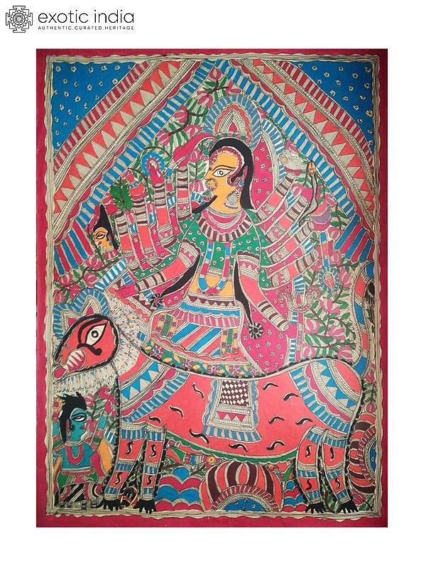 Mahishasura Mardini Goddess Durga | Natural Colors on Handmade Paper | By Archana Jha