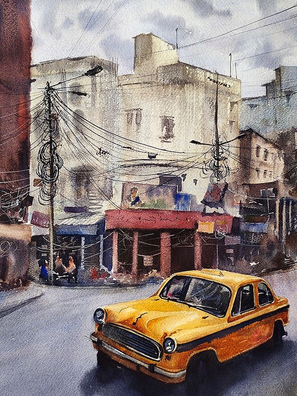 Kolkata Cityscape Watercolor Painting by Anupam Pathak Exotic India Art