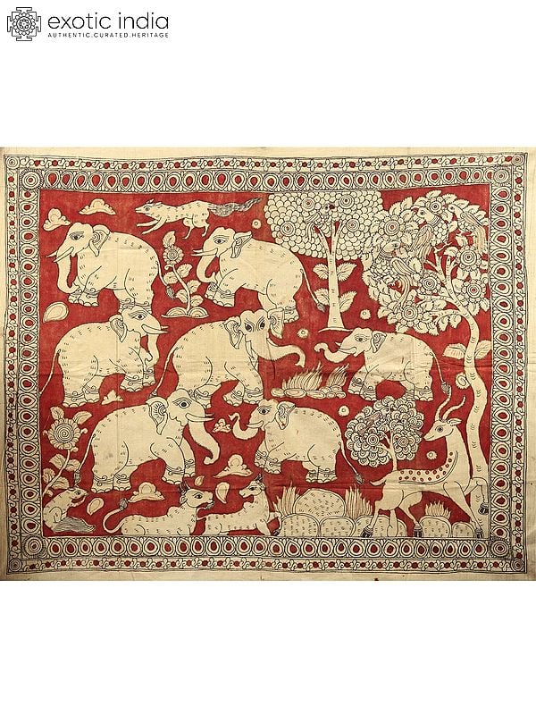 Jungle Scene with Elephant Dominating | Kalamkari Painting