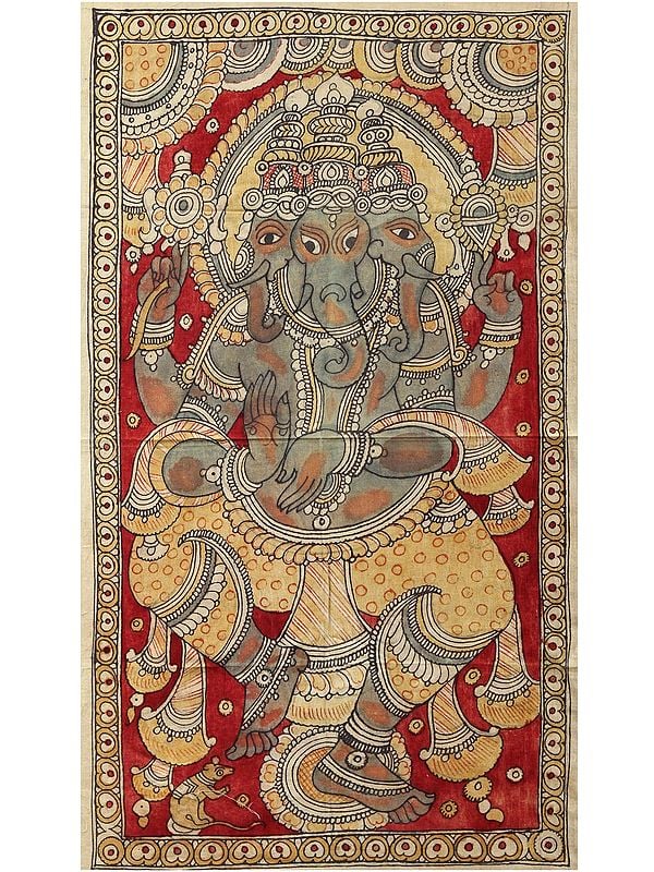 Three Heads Dancing Lord Ganesha | Kalamkari Painting