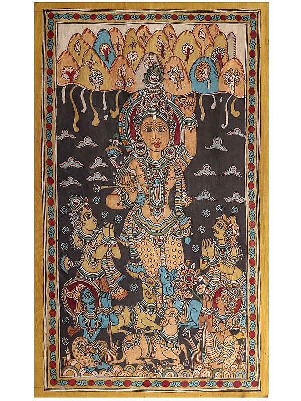Lord Krishna Lifts Mount Govardhan on his Little Finger | Kalamkari Painting