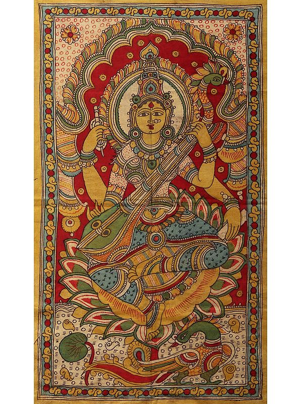 Goddess Saraswati Seated on Lotus | Kalamkari Painting