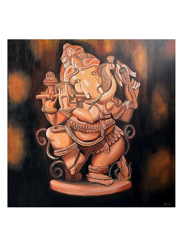 Dancing Ganesha With Flute | Acrylic Paint On Stretched Canvas | By Suma Vivek