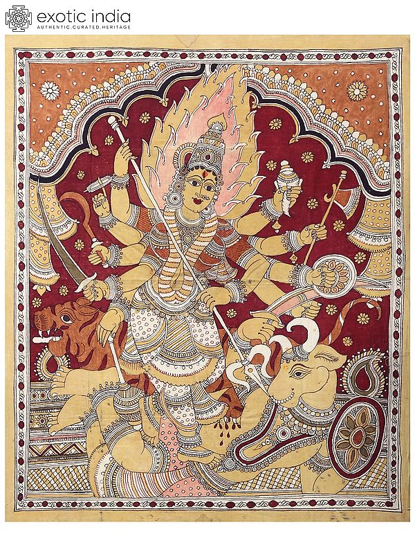 Ten Armed Mahishasura-Mardini Goddess Durga | Vintage Kalamkari Painting