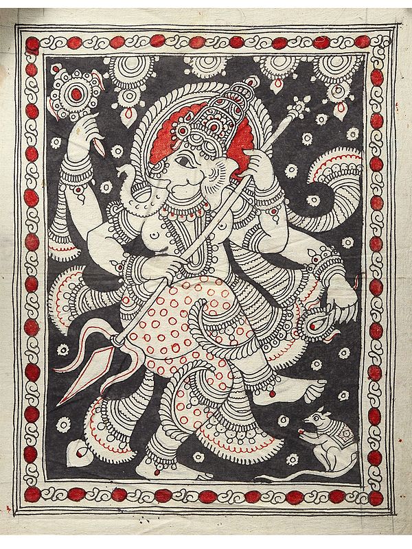 Four-Armed Dancing Lord Ganesha with Trident | Kalamkari Painting