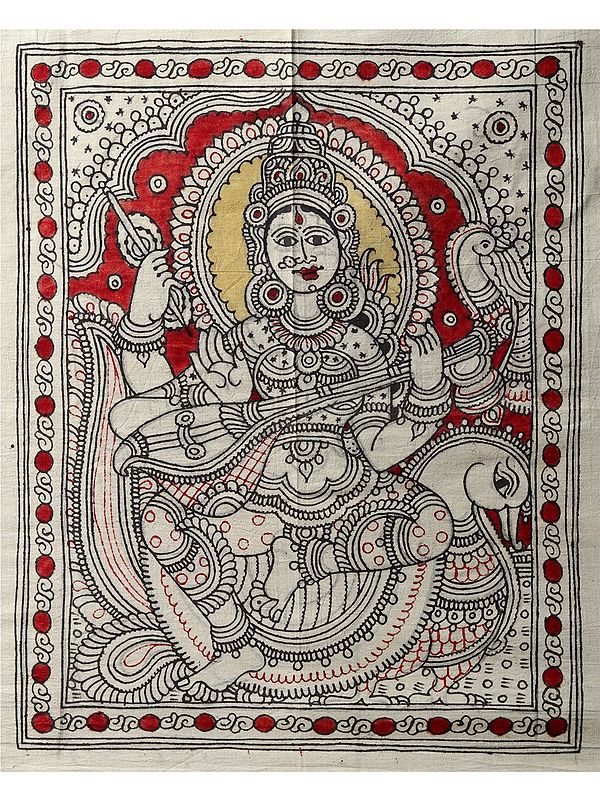 Goddess Saraswati Seated on Swan | Kalamkari Painting