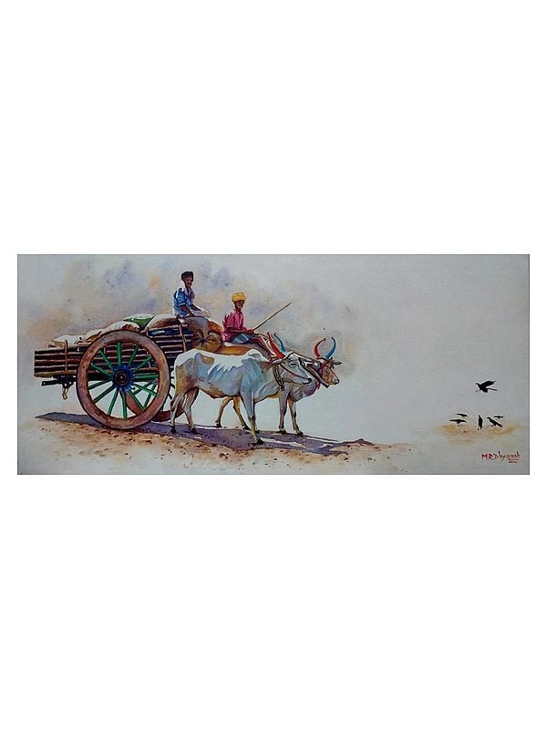 Bullock Cart In Village | Watercolor On Paper | By Dhyanesh Ramani