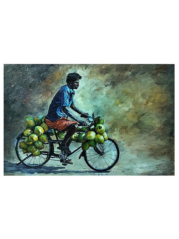 Coconut Seller on Cycle | Watercolor on Paper | By Dhyanesh Ramani