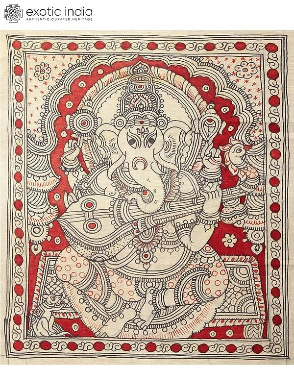 Sitting Lord Ganapati Playing Veena | Kalamkari Painting