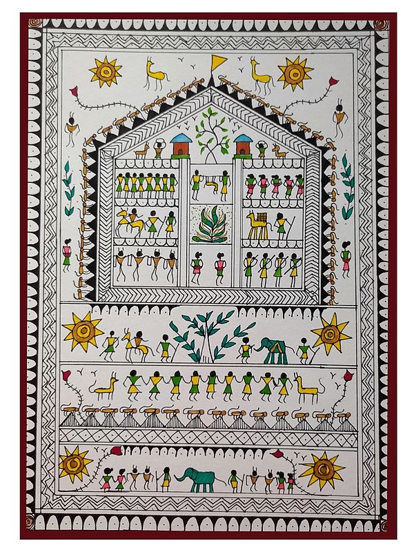 Village Life - Saura Tribal Art | Pigment Ink Pen On Paper | By Deeksha Salame